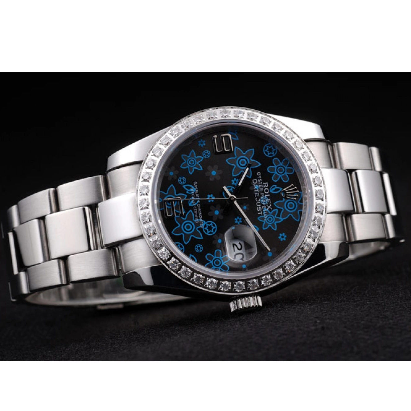 Good Copy Rolex Watches Diamond Blue Dial Steel Datejust Polished Plated Rolex Dark Flowers Stainless 0705